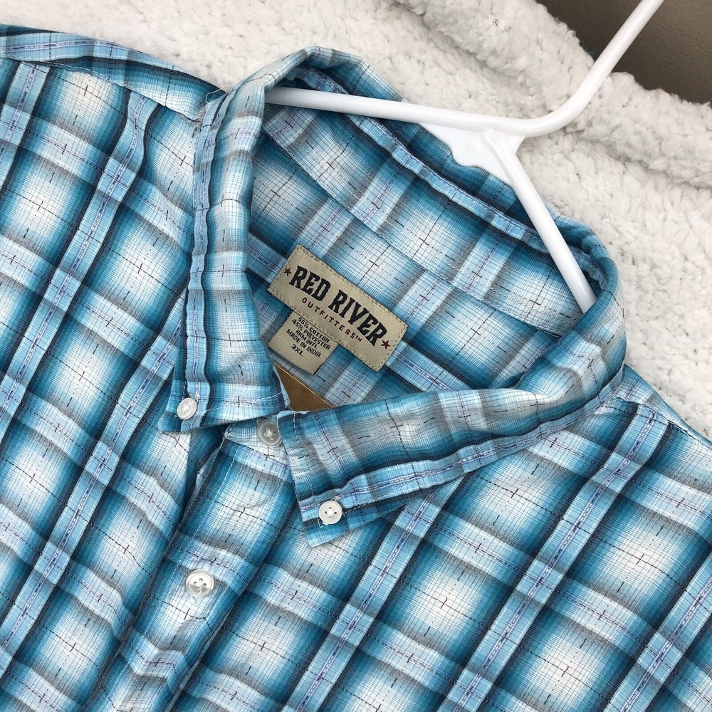 Red River Outfitters Shirt Mens 3XL Blue Plaid Short Sleeve Western Cowboy Rodeo